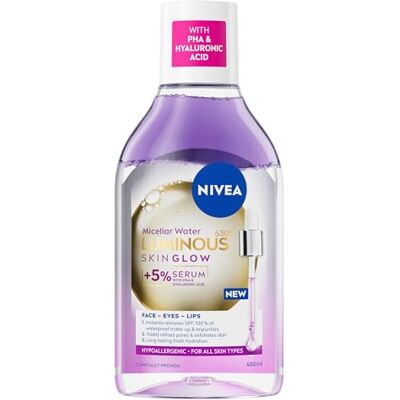 NIVEA LUMINOUS630 Skin Glow Serum Infused Micellar Water (400ml), Makeup Remover For Waterproof Makeup, Serum-Infused Face Cleanser For Glowing Skin, Exfoliates And Evens Complexion NIVEA LUMINOUS630 Skin Glow Serum Infused Micellar Water (400ml), Makeup Remover For Waterproof Makeup, Serum-Infused Face Cleanser For Glowing Skin, Exfoliates And Evens Complexion