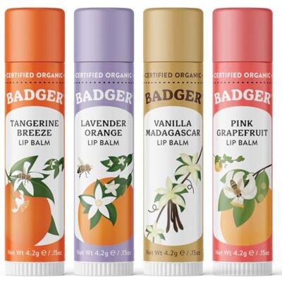 Badger Organic Lip Balm Sticks – Set of 4 Mint, Tea Tree, Unscented & Tangerine Organic, Petroleum-Free & Olive Oil-Enriched Moisturises & Protects Lips for Natural Softness Badger Organic Lip Balm Sticks – Set of 4 Mint, Tea Tree, Unscented & Tangerine Organic, Petroleum-Free & Olive Oil-Enriched Moisturises & Protects Lips for Natural Softness