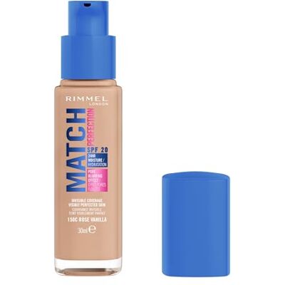 Rimmel Match Perfection Foundation, 150C Rose Vanilla, Invisible Coverage, Pore-blurring, Medium coverage. Visibly perfected skin. SPF20, 30ml, Cruelty Free Rimmel Match Perfection Foundation, 150C Rose Vanilla, Invisible Coverage, Pore-blurring, Medium coverage. Visibly perfected skin. SPF20, 30ml, Cruelty Free