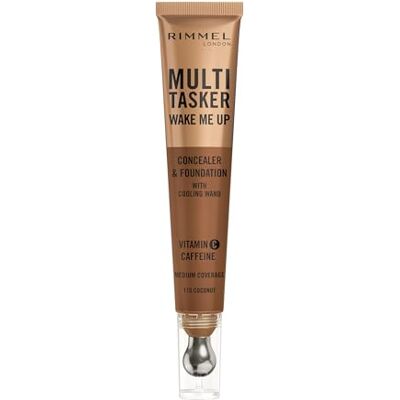 Rimmel Multi-Tasker Wake Me Up Foundation & Concealer 110 Warm Coconut, Depuffs & Brightens Dark Circles, Metallic Cooling Applicator, Caffeine & Victamin C, 2% Niacinamide, Vegan, Cruelty free Rimmel Multi-Tasker Wake Me Up Foundation & Concealer 110 Warm Coconut, Depuffs & Brightens Dark Circles, Metallic Cooling Applicator, Caffeine & Victamin C, 2% Niacinamide, Vegan, Cruelty free