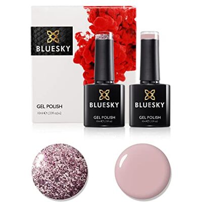 BLUESKY Gel Nail Polish Set, Anniversary Set 5, QXG312, 80634, 2x10ml Blindfold, a wearable nude, paired with Blushing Topaz to lift it for evenings. Two full-size bottles. BLUESKY Gel Nail Polish Set, Anniversary Set 5, QXG312, 80634, 2x10ml Blindfold, a wearable nude, paired with Blushing Topaz to lift it for evenings. Two full-size bottles.