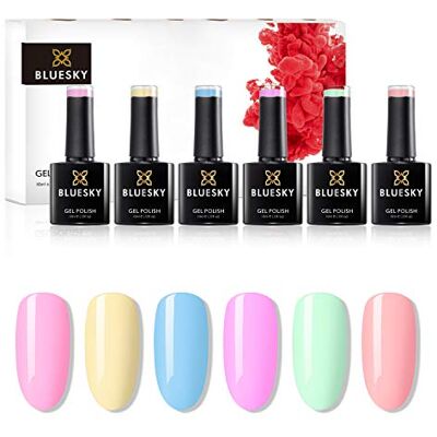 BLUESKY Gel Nail Polish Set 6 x 10ml, Complete Pastel Neon Collection Six soft brights in pink, yellow, blue, purple, green and peach, enough to change your manicure every week. BLUESKY Gel Nail Polish Set 6 x 10ml, Complete Pastel Neon Collection Six soft brights in pink, yellow, blue, purple, green and peach, enough to change your manicure every week.