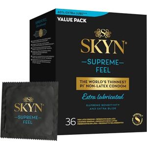 SKYN Supreme Feel Extra Lubricated Condoms, Pack of 36, FEEL Latex Free Condoms for Men, Regular Size, Strong & Thin, Smooth Straight Shape, Lubricated, 53mm Wide SKYN Supreme Feel Extra Lubricated Condoms, Pack of 36, FEEL Latex Free Condoms for Men, Regular Size, Strong & Thin, Smooth Straight Shape, Lubricated, 53mm Wide