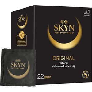 SKYN Original Condoms, Pack of 22, FEEL Latex-Free Condoms for Men, Regular Size, Strong & Thin, Smooth Straight Shape, Lubricated, 53mm Wide SKYN Original Condoms, Pack of 22, FEEL Latex-Free Condoms for Men, Regular Size, Strong & Thin, Smooth Straight Shape, Lubricated, 53mm Wide