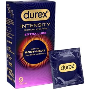 Durex Intensity Extra Lube Condoms, 9s, Regular Fit, Better Body Heat Transfer, Latex Free, Ultra Thin Plus, Our Thinnest Condom Yet, Transparent, Moulds to Your Shape Durex Intensity Extra Lube Condoms, 9s, Regular Fit, Better Body Heat Transfer, Latex Free, Ultra Thin Plus, Our Thinnest Condom Yet, Transparent, Moulds to Your Shape