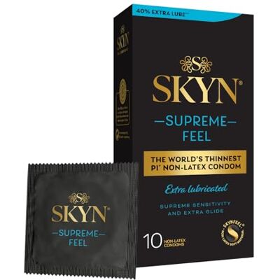 SKYN Supreme Feel Extra Lubricated Condoms, Pack of 10, FEEL Latex Free Condoms for Men, Regular Size, Strong & Thin, Smooth Straight Shape, Lubricated, 53mm Wide SKYN Supreme Feel Extra Lubricated Condoms, Pack of 10, FEEL Latex Free Condoms for Men, Regular Size, Strong & Thin, Smooth Straight Shape, Lubricated, 53mm Wide