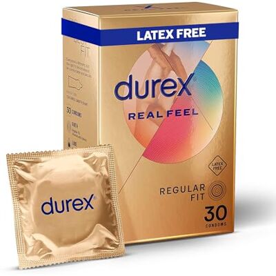 Durex Real Feel, 30 Condoms, Regular Fit, Latex Free Condoms, Extra Silicone Lube, Easy On Shape, Teat Ended Durex Real Feel, 30 Condoms, Regular Fit, Latex Free Condoms, Extra Silicone Lube, Easy On Shape, Teat Ended