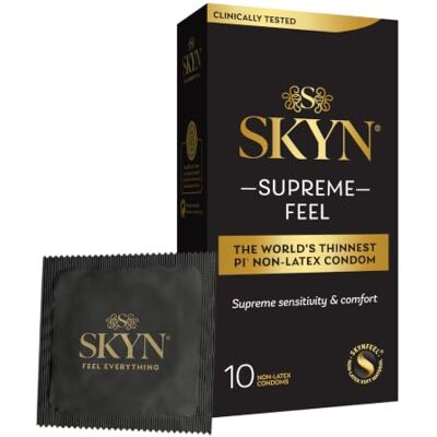 SKYN Supreme Feel Condoms, Pack of 10, FEEL Latex Free Condoms for Men, Regular Size, Strong & Thin, Smooth Straight Shape, Lubricated, 53mm Wide SKYN Supreme Feel Condoms, Pack of 10, FEEL Latex Free Condoms for Men, Regular Size, Strong & Thin, Smooth Straight Shape, Lubricated, 53mm Wide