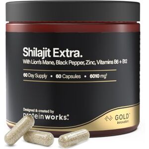 THE PROTEIN WORKS Shilajit Extra Gold, with Lion's Mane, Black Pepper, Vitamin B12 & B6, Zinc, High Strength Himalayan Shilajit, Focus, Energy, Immune Support, Vegan, 60 Capsules Protein Works THE PROTEIN WORKS Shilajit Extra Gold, with Lion's Mane, Black Pepper, Vitamin B12 & B6, Zinc, High Strength Himalayan Shilajit, Focus, Energy, Immune Support, Vegan, 60 Capsules Protein Works