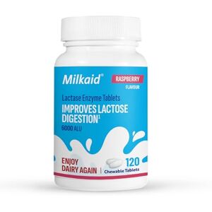 Milkaid Lactase Enzyme Chewable Tablets for Lactose Intolerance Relief, Prevents Gas, Bloating & Diarrhoea, Gluten Free & Vegan, Rasberry, 120 Count Milkaid Lactase Enzyme Chewable Tablets for Lactose Intolerance Relief, Prevents Gas, Bloating & Diarrhoea, Gluten Free & Vegan, Rasberry, 120 Count