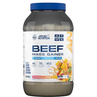 Applied Nutrition Beef Mass Gainer Protein Powder – 42g Beef Protein Isolate, High Calorie Weight Gainer Supplement, Lactose Free, Low Sugar (3.13kg – 25 Servings) (Tropical Vibes) Applied Nutrition Beef Mass Gainer Protein Powder – 42g Beef Protein Isolate, High Calorie Weight Gainer Supplement, Lactose Free, Low Sugar (3.13kg – 25 Servings) (Tropical Vibes)