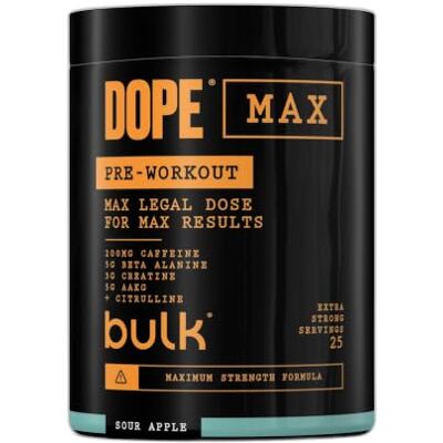 Bulk Dope Max Pre-Workout Powder, Sour Apple, 563 g, 200mg 25 Servings, High Caffeine, 5g Beta Alanine, 3g Creatine, AAKG & Citrulline Blend, Vitamin B6, Supports Focus, Power Bulk Dope Max Pre-Workout Powder, Sour Apple, 563 g, 200mg 25 Servings, High Caffeine, 5g Beta Alanine, 3g Creatine, AAKG & Citrulline Blend, Vitamin B6, Supports Focus, Power