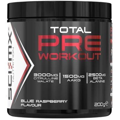SCI-MX Total Pre Workout Blue Raspberry Flavour 2500mg Beta Alanine • 3000mg Citrulline Malate • 200mg Caffeine • Niacin for Fatigue 200g SCI-MX Total Pre Workout Blue Raspberry Flavour 2500mg Beta Alanine • 3000mg Citrulline Malate • 200mg Caffeine • Niacin for Fatigue 200g