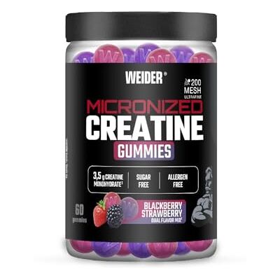 Weider Micronized Creatine Gummies (60gums), Duo Flavour Strawberry-BlackBerry, 3.5g Creatine Monohydrate 200 MESH/Serving, Certified by EU Laboratory, Increases Physical Performance (20 Servings) Weider Micronized Creatine Gummies (60gums), Duo Flavour Strawberry-BlackBerry, 3.5g Creatine Monohydrate 200 MESH/Serving, Certified by EU Laboratory, Increases Physical Performance (20 Servings)