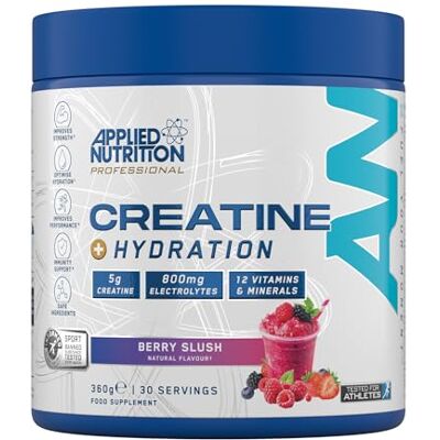 Applied Nutrition Creatine + Hydration Powder Creatine Monohydrate, Electrolytes & Vitamins for Recovery & Hydration Berry Slush Informed-Sport Certified 360g 30 Servings Applied Nutrition Creatine + Hydration Powder Creatine Monohydrate, Electrolytes & Vitamins for Recovery & Hydration Berry Slush Informed-Sport Certified 360g 30 Servings