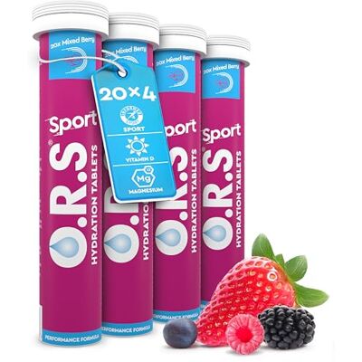 O.R.S Sports Hydration Tablets Mixed Berry 4 Tubes For Athletes, Running & Endurance Oral Electrolyte Replacement Salts for Rehydration & Post-Workout Recovery Vegan, Gluten-Free & Low Calorie O.R.S Sports Hydration Tablets Mixed Berry 4 Tubes For Athletes, Running & Endurance Oral Electrolyte Replacement Salts for Rehydration & Post-Workout Recovery Vegan, Gluten-Free & Low Calorie