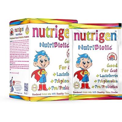 Nutrigen Nutribiotic Powdered Drink Mix for Children – enriched with probiotics, prebiotics, polyphenols and lactoferrin – restores Healthy Gut Balance, Fast and Effective, 10 sachets Nutrigen Nutribiotic Powdered Drink Mix for Children – enriched with probiotics, prebiotics, polyphenols and lactoferrin – restores Healthy Gut Balance, Fast and Effective, 10 sachets