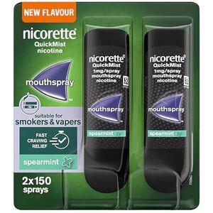 Nicorette QuickMist Mouthspray, New Spearmint Flavour (2x150 Sprays), Quit Smoking or Quit Vaping aid, Starts to Reduce Cravings in 30 Seconds, New mild Mint Flavour (Quit Smoking or Quit Vaping aid) Nicorette QuickMist Mouthspray, New Spearmint Flavour (2x150 Sprays), Quit Smoking or Quit Vaping aid, Starts to Reduce Cravings in 30 Seconds, New mild Mint Flavour (Quit Smoking or Quit Vaping aid)