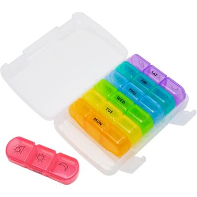 Ezy Dose Weekly (7-Day) Pill Organizer, Vitamin and Medicine Box, Large Pop-Out Compartments, 3 Times a Day, Rainbow Colors Ezy Dose Weekly (7-Day) Pill Organizer, Vitamin and Medicine Box, Large Pop-Out Compartments, 3 Times a Day, Rainbow Colors