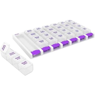 Ezy Dose Weekly (7 Day) 4 Times a Day Push Button Pill Organizer and Vitamin Planner, Removable Daily Pillboxes, Purple, Clear Lids, Large Ezy Dose Weekly (7 Day) 4 Times a Day Push Button Pill Organizer and Vitamin Planner, Removable Daily Pillboxes, Purple, Clear Lids, Large