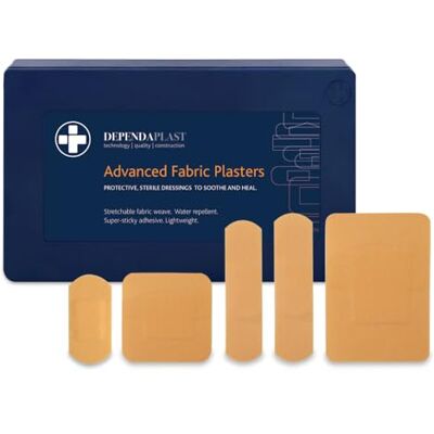 Reliance Medical Sterile Dependaplast Advanced Fabric Plasters Latex-Free, Washproof, Low-Allergy, Assorted Sizes in Blue Box (Pack of 120) Reliance Medical Sterile Dependaplast Advanced Fabric Plasters Latex-Free, Washproof, Low-Allergy, Assorted Sizes in Blue Box (Pack of 120)
