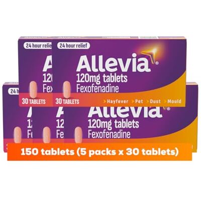 Allevia 120mg Allergy Relief Tablets 150 cts (5 packs of 30 cts) 120mg Fexofenadine 24hr Relief Acts within 1 Hour Non-drowsy in Most People Relieves Hayfever, Pet, Dust and Mould Allergies Allevia 120mg Allergy Relief Tablets 150 cts (5 packs of 30 cts) 120mg Fexofenadine 24hr Relief Acts within 1 Hour Non-drowsy in Most People Relieves Hayfever, Pet, Dust and Mould Allergies