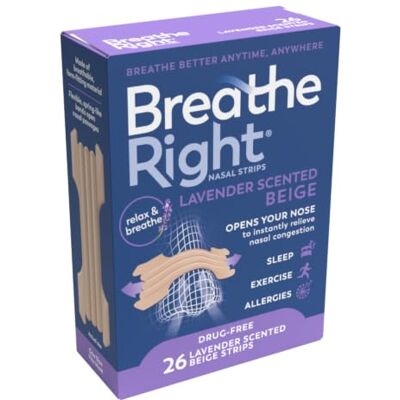 Breathe Right , Lavender Scented Beige Nasal Strips, One Size, 26 Pieces Nasal Strips for Snoring, Nose Strips for Breathing, Blocked Nose Relief, Drug-free Snoring Aid for Men and Women Breathe Right , Lavender Scented Beige Nasal Strips, One Size, 26 Pieces Nasal Strips for Snoring, Nose Strips for Breathing, Blocked Nose Relief, Drug-free Snoring Aid for Men and Women