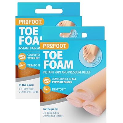 PROFOOT Toe Foam Corn and Bunion Protectors Soft foam toe tubes for relieving pain caused by pressure and friction 2 Pack (6 tubes) 3 tubes – 2 small and 1 large PROFOOT Toe Foam Corn and Bunion Protectors Soft foam toe tubes for relieving pain caused by pressure and friction 2 Pack (6 tubes) 3 tubes – 2 small and 1 large