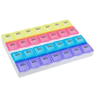 Ezy Dose Monthly (28-Day) Pill Case, Medicine Planner, Vitamin Organiser Box, Large Compartments, Convenient and Easy to Use, Coloured Lids, BPA Free Ezy Dose Monthly (28-Day) Pill Case, Medicine Planner, Vitamin Organiser Box, Large Compartments, Convenient and Easy to Use, Coloured Lids, BPA Free