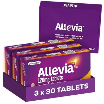 Allevia 120mg Allergy Relief Tablets 90 cts (3 Packs of 30 cts) 120mg Fexofenadine 24hr Relief Acts Within 1 Hour Non-drowsy in Most People Relieves Hayfever, Pet, Dust and Mould Allergies Allevia 120mg Allergy Relief Tablets 90 cts (3 Packs of 30 cts) 120mg Fexofenadine 24hr Relief Acts Within 1 Hour Non-drowsy in Most People Relieves Hayfever, Pet, Dust and Mould Allergies