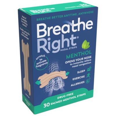 Breathe Right , Menthol Scented Nasal Strips, One Size, 30 Pieces Nasal Strips for Snoring, Nose Strips for Breathing, Blocked Nose Relief, Drug-free Snoring Aid for Men and Women Breathe Right , Menthol Scented Nasal Strips, One Size, 30 Pieces Nasal Strips for Snoring, Nose Strips for Breathing, Blocked Nose Relief, Drug-free Snoring Aid for Men and Women