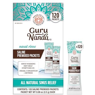 GuruNanda PreMixed Saline Packets for Nasal Rinse (120 Count), All Natural Sinus Rinse Packets to Help with Allergies & Congestion Relief, 0.08oz Each GuruNanda PreMixed Saline Packets for Nasal Rinse (120 Count), All Natural Sinus Rinse Packets to Help with Allergies & Congestion Relief, 0.08oz Each