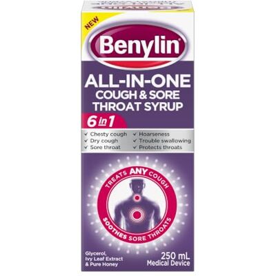 Benylin ® All-in-One Cough & Sore Throat Syrup 250ml Multi-action formula with scientifically proven ingredients providing 6-in-1 benefits, in one convenient bottle. Benylin ® All-in-One Cough & Sore Throat Syrup 250ml Multi-action formula with scientifically proven ingredients providing 6-in-1 benefits, in one convenient bottle.