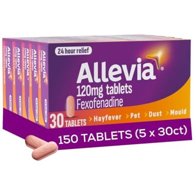 Allevia Hayfever Allergy Tablets 120mg Fexofenadine Antihistamine, 150 cts Acts within 1 hour. 24-hour multi-symptom allergy relief: hayfever, pet, dust and mould. Non-drowsy in 9 out of 10 people Allevia Hayfever Allergy Tablets 120mg Fexofenadine Antihistamine, 150 cts Acts within 1 hour. 24-hour multi-symptom allergy relief: hayfever, pet, dust and mould. Non-drowsy in 9 out of 10 people