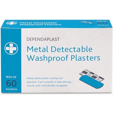 Reliance Medical Dependaplast Wash Proof Blue Plasters. First Aid Kits Refill, Sterile, Low-Allergy Adhesive, Storage Dispenser Box of 60 Plasters Reliance Medical Dependaplast Wash Proof Blue Plasters. First Aid Kits Refill, Sterile, Low-Allergy Adhesive, Storage Dispenser Box of 60 Plasters