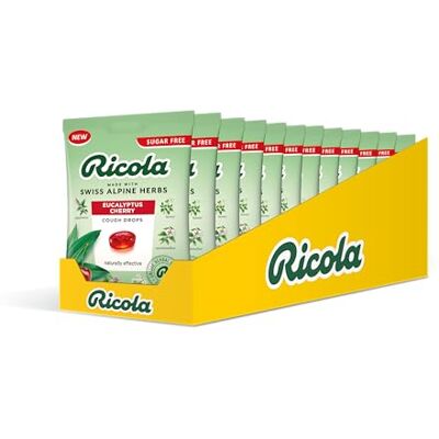 Ricola Eucalyptus Cherry Cough Drops Bag, Pack of 12, Naturally Effective Throat Lozenges, Sugar Free Cough Sweets, 70 g Ricola Eucalyptus Cherry Cough Drops Bag, Pack of 12, Naturally Effective Throat Lozenges, Sugar Free Cough Sweets, 70 g