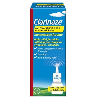 Clarityn Clarinaze Hayfever Relief Nasal Spray, Prescription Strength, Effective Relief from Allergy Symptoms, mometasone furoate 0.05%, 60 Sprays. Clarityn Clarinaze Hayfever Relief Nasal Spray, Prescription Strength, Effective Relief from Allergy Symptoms, mometasone furoate 0.05%, 60 Sprays.