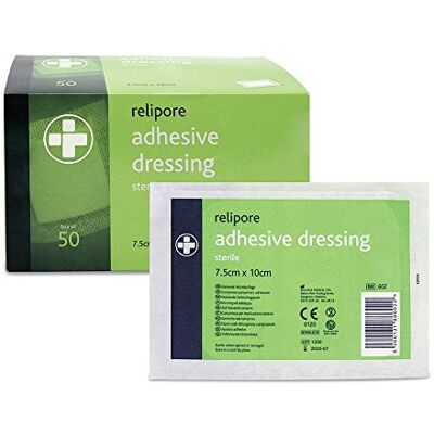 Reliance Medical Relipore First Aid Sterile Dressing Low Allergy Sterile Adhesive Dressings for Wounds, Injuries and Aches, 7.5 cm x 10 cm Pack of 50 Reliance Medical Relipore First Aid Sterile Dressing Low Allergy Sterile Adhesive Dressings for Wounds, Injuries and Aches, 7.5 cm x 10 cm Pack of 50