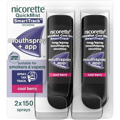Nicorette Quickmist SmartTrack Mouthspray, Cool Berry (2 x 150 sprays) Smoking or Vaping cessation Aid, designed to start reducing cravings in 30 seconds (Quit Smoking or Quit Vaping Aid) Nicorette Quickmist SmartTrack Mouthspray, Cool Berry (2 x 150 sprays) Smoking or Vaping cessation Aid, designed to start reducing cravings in 30 seconds (Quit Smoking or Quit Vaping Aid)