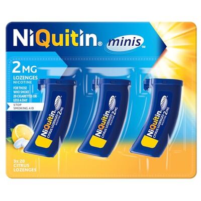 NiQuitin 2mg Minis Citrus Lozenges Citrus Flavour (3 x Pack of 20 Minis Nicotine Lozenges) Smoking Craving Relief in Just 3 Minutes* On The Go Pocket Sized Containers. NiQuitin 2mg Minis Citrus Lozenges Citrus Flavour (3 x Pack of 20 Minis Nicotine Lozenges) Smoking Craving Relief in Just 3 Minutes* On The Go Pocket Sized Containers.