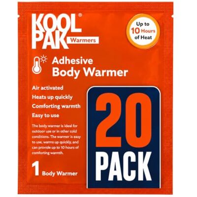 Koolpak 20 x Adhesive Body Warmer Heat Patches Up to 10 Hours Warmth Air Activated Back Shoulder & Neck Disposable 9.5 x 13cm Cold Weather & Home Relaxation Koolpak 20 x Adhesive Body Warmer Heat Patches Up to 10 Hours Warmth Air Activated Back Shoulder & Neck Disposable 9.5 x 13cm Cold Weather & Home Relaxation