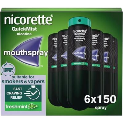 Nicorette QuickMist Mouth Spray, Freshmint (6 x 150 Sprays), Smoking or Vaping Cessation Aid, Designed to Start Reducing Cravings in 30 Seconds (Quit Smoking or Quit Vaping Aid) Nicorette QuickMist Mouth Spray, Freshmint (6 x 150 Sprays), Smoking or Vaping Cessation Aid, Designed to Start Reducing Cravings in 30 Seconds (Quit Smoking or Quit Vaping Aid)