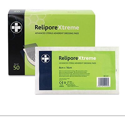 Reliance Medical Sterile Relipore Xtreme Adhesive Dressing Pads for High Exudate Wounds with Unique Absorbency Technology, 16 cm x 8 cm, Box of 50 Reliance Medical Sterile Relipore Xtreme Adhesive Dressing Pads for High Exudate Wounds with Unique Absorbency Technology, 16 cm x 8 cm, Box of 50