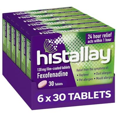 HISTALLAY Hayfever & Allergy Relief Tablets, 180 Tablets, 120mg Fexofenadine, Antihistamine, 24hr Relief Acts Within 1hr, Relieves Hayfever, Pet, Dust and Mould Allergies (6 Month Supply) HISTALLAY Hayfever & Allergy Relief Tablets, 180 Tablets, 120mg Fexofenadine, Antihistamine, 24hr Relief Acts Within 1hr, Relieves Hayfever, Pet, Dust and Mould Allergies (6 Month Supply)