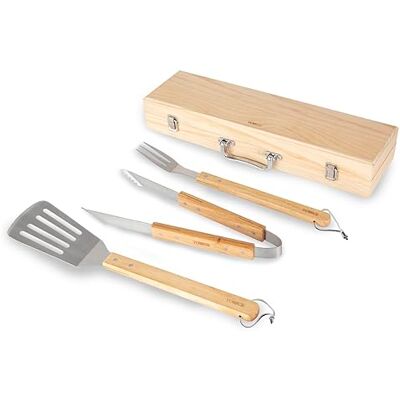 Tower BBQ 4 Piece Tool Set with Wooden Handles and Carry Case, Stainless Steel, T932005 Tower BBQ 4 Piece Tool Set with Wooden Handles and Carry Case, Stainless Steel, T932005