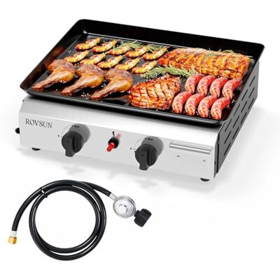ROVSUN 2 Burner Portable Propane Griddle with Nonstick Enameled Tray, 20,000 BTU Tabletop Flat Top Gas Grill with Electronic Ignition & Regulator for Outdoor Cooking Camping BBQ Tailgating Picnicking ROVSUN 2 Burner Portable Propane Griddle with Nonstick Enameled Tray, 20,000 BTU Tabletop Flat Top Gas Grill with Electronic Ignition & Regulator for Outdoor Cooking Camping BBQ Tailgating Picnicking