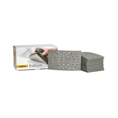 Mirka Iridium Premium Sandpaper 81x133mm Hook & loop 54-Hole, Grit 60, 50/Pack/For sanding paint, putty, primer, wood, steel, mineral materials, plastic. Mirka Iridium Premium Sandpaper 81x133mm Hook & loop 54-Hole, Grit 60, 50/Pack/For sanding paint, putty, primer, wood, steel, mineral materials, plastic.