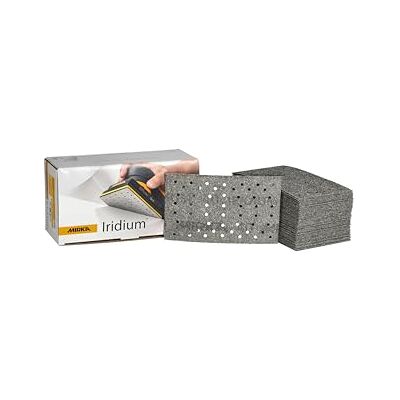 Mirka Iridium Premium Sandpaper 81x133mm Hook & loop 54-Hole, Grit 40, 50/Pack/For sanding paint, putty, primer, wood, steel, mineral materials, plastic. Mirka Iridium Premium Sandpaper 81x133mm Hook & loop 54-Hole, Grit 40, 50/Pack/For sanding paint, putty, primer, wood, steel, mineral materials, plastic.