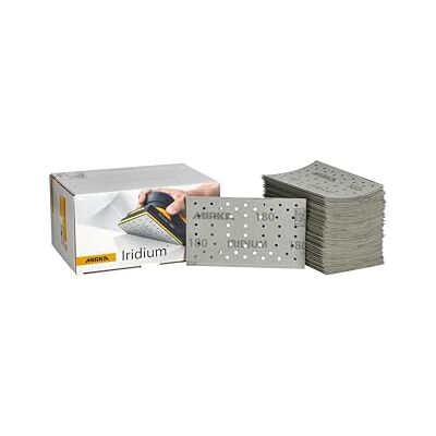 Mirka Iridium Premium Sandpaper 81x133mm Hook & loop 54-Hole, Grit 180, 100/Pack/For sanding paint, putty, primer, wood, steel, mineral materials, plastic. Mirka Iridium Premium Sandpaper 81x133mm Hook & loop 54-Hole, Grit 180, 100/Pack/For sanding paint, putty, primer, wood, steel, mineral materials, plastic.