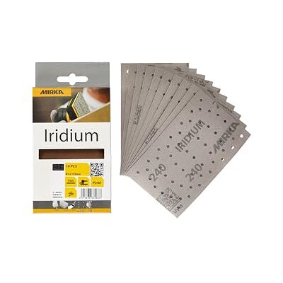 Mirka Iridium Premium Sandpaper 81x133mm Hook & loop 54-Hole, Grit 240, 10 pack/For sanding paint, putty, primer, wood, steel, mineral materials, plastic. Mirka Iridium Premium Sandpaper 81x133mm Hook & loop 54-Hole, Grit 240, 10 pack/For sanding paint, putty, primer, wood, steel, mineral materials, plastic.